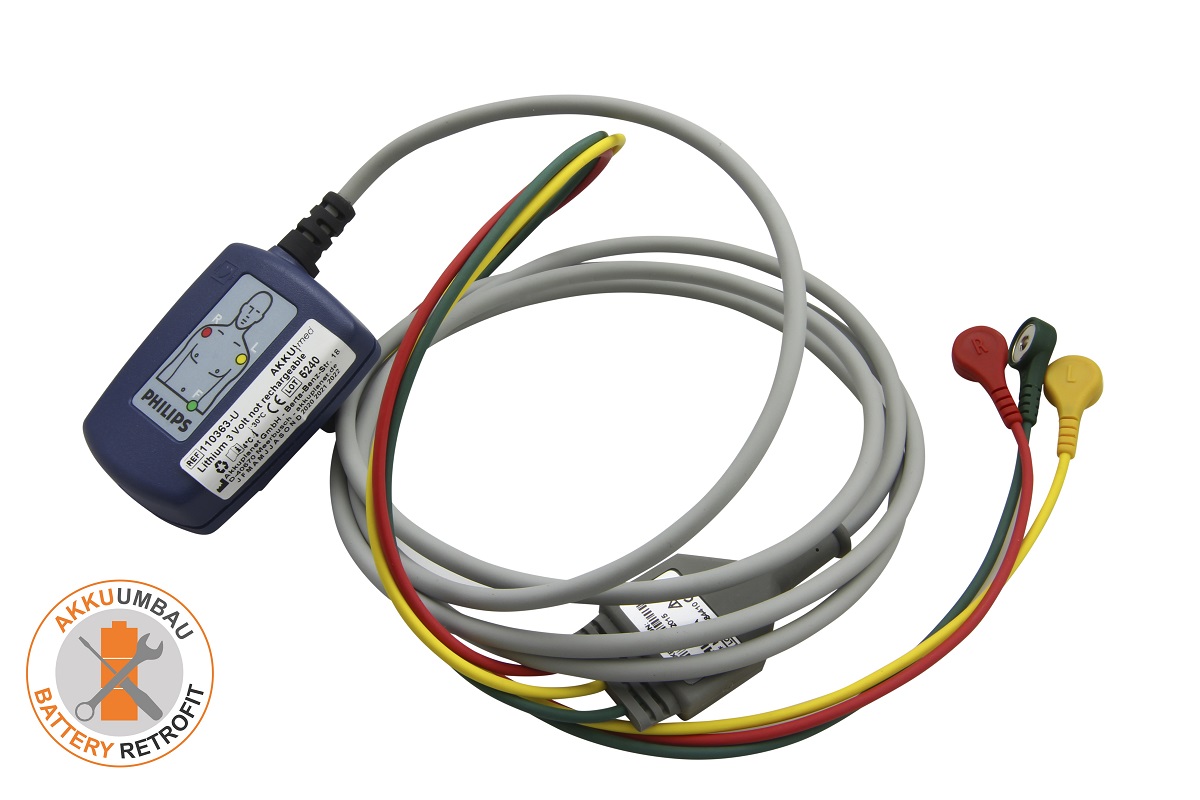 AKKUmed Lithium battery and installation suitable for Philips, Laerdal - ECG monitoring cable