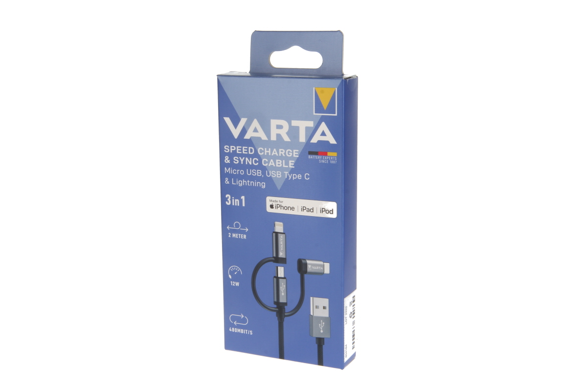 VARTA Speed Charge & Sync Cable: 3in1 USB A to Lightning/Micro/Type C