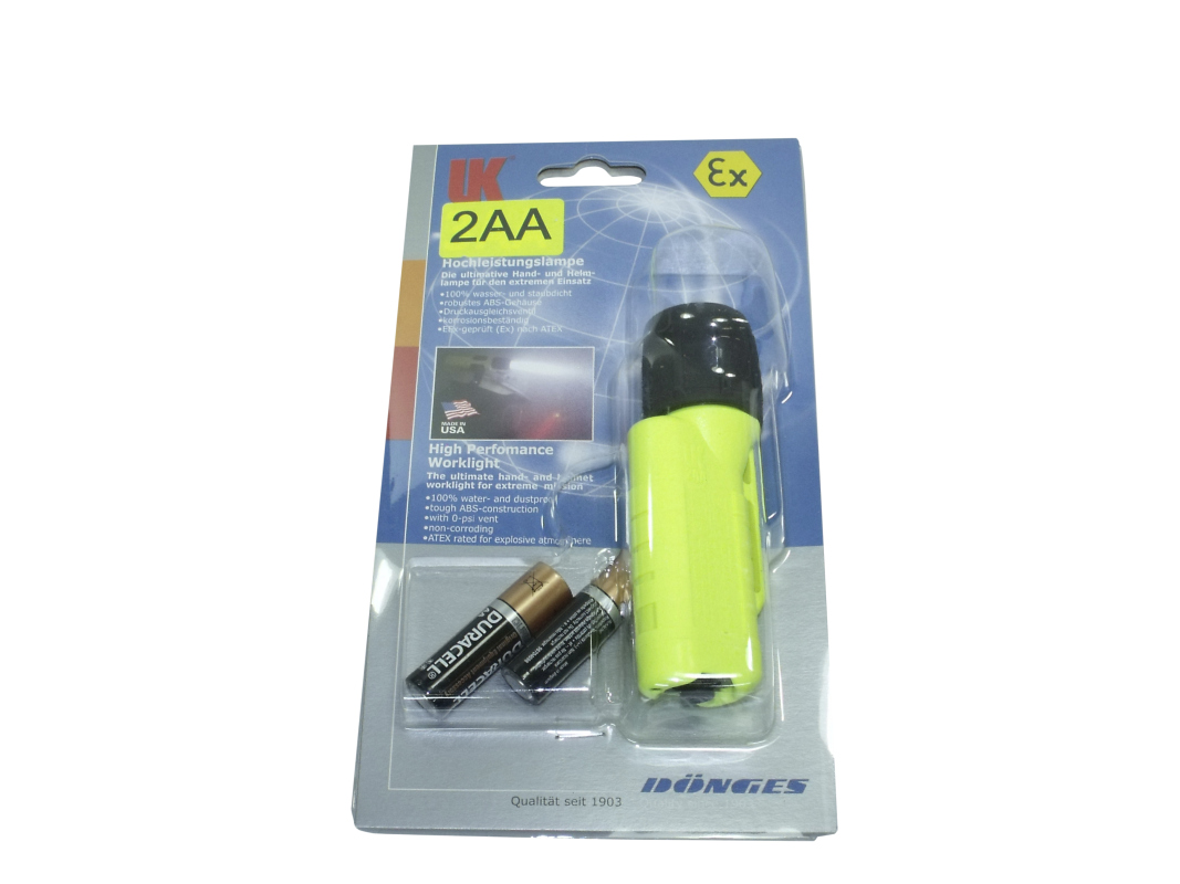 Taschen- und Helmlampe UK2AA-LED ET mit Heckschalter